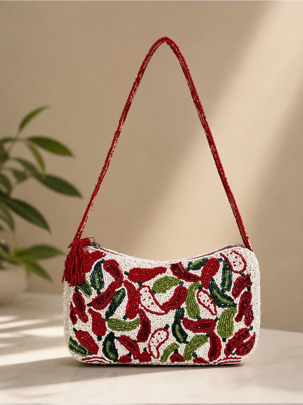Chili Pepper Beaded Shoulder Bag - White/Red/Green
